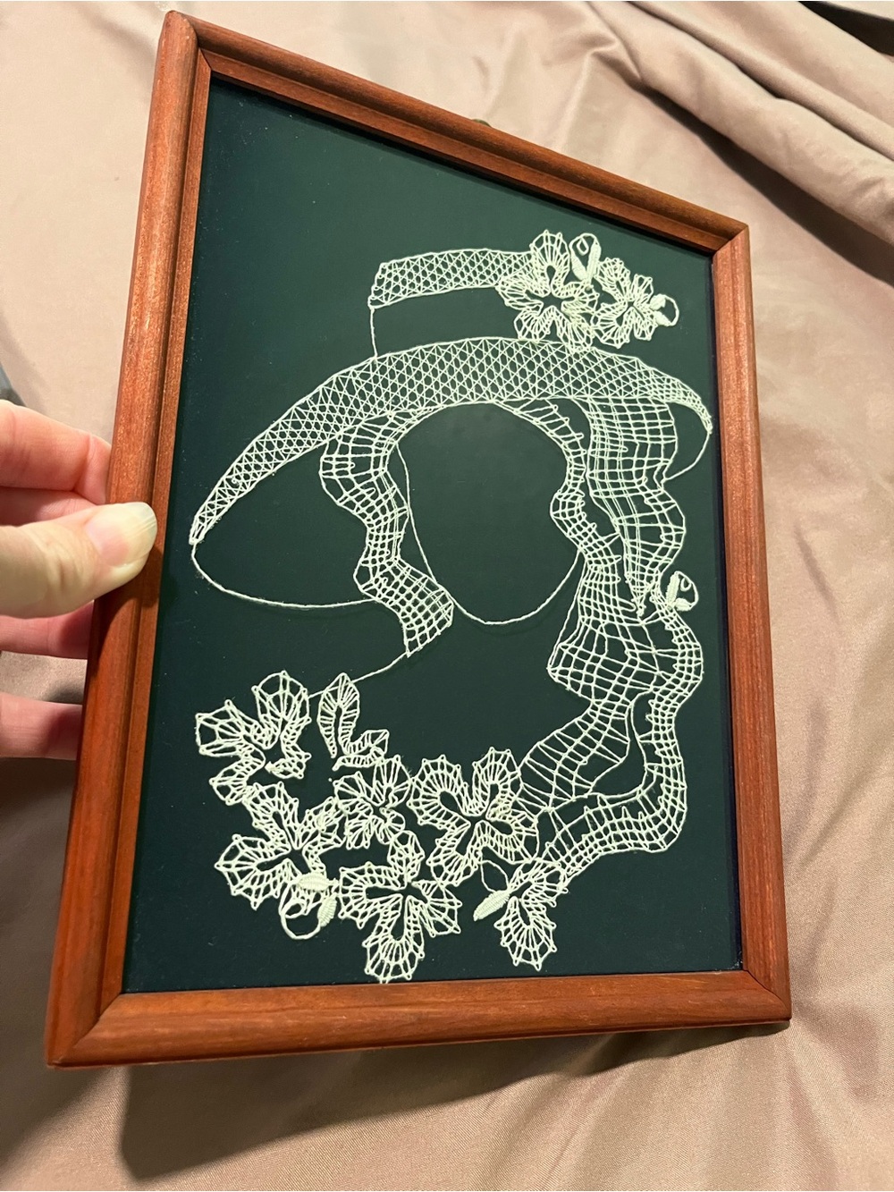 Framed Lace Hat Silhouette Wall Art – Cream on Dark Navy